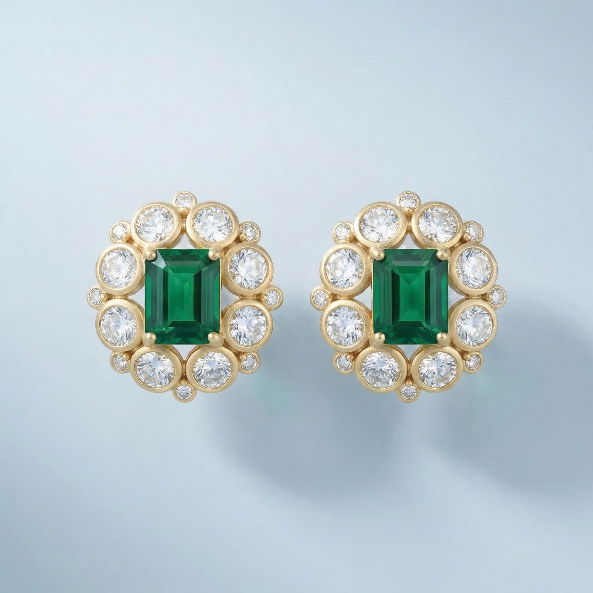 AI-generated jewellery photography by Razia Jukes — earrings flat lay