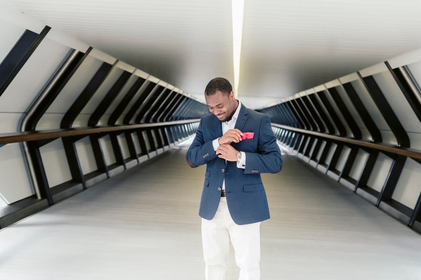 Portrait photographed on Adams Plaza Bridge, Canary Wharf, by Razia Jukes