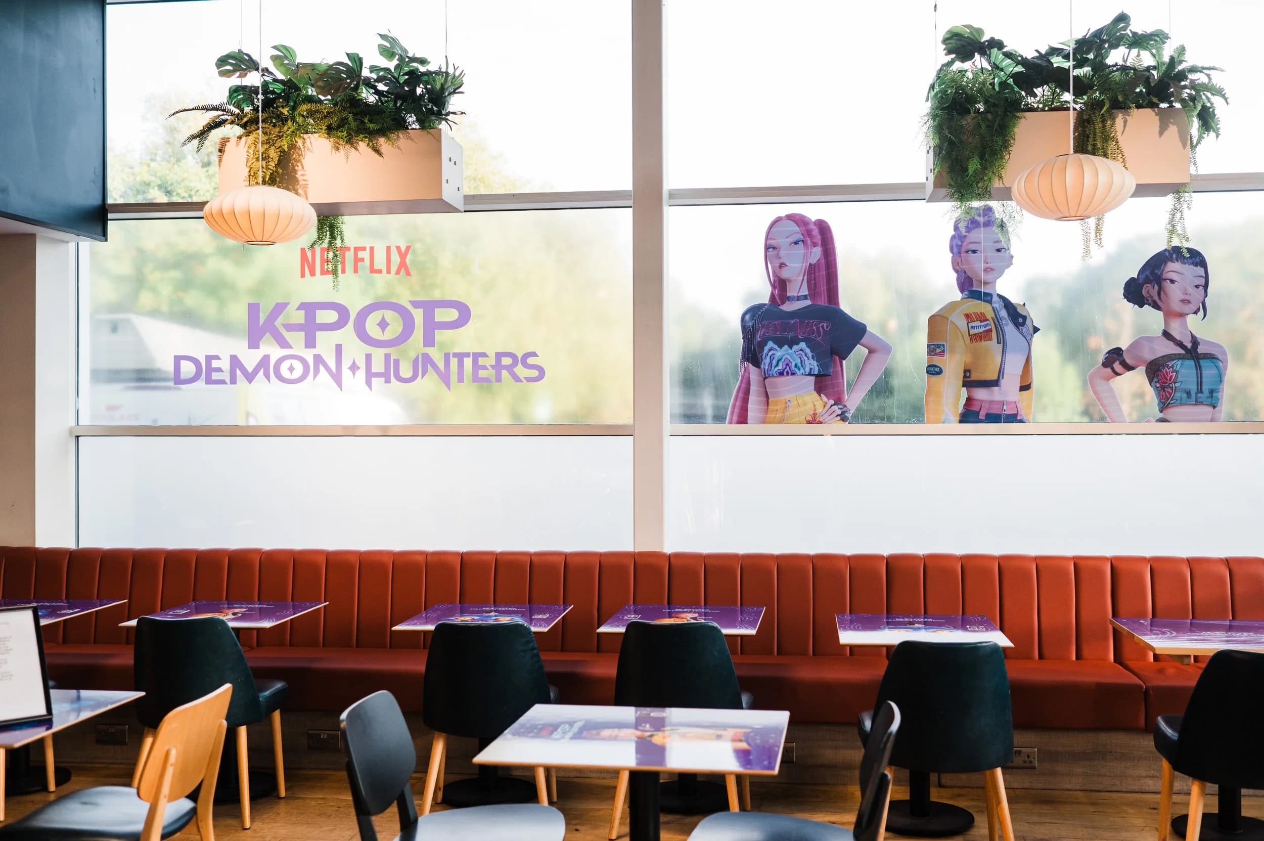 A restaurant dressed for a Netflix KPop Demon Hunters event